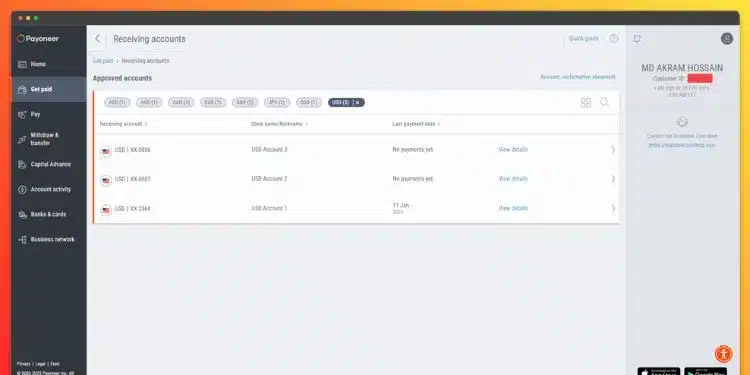 Payoneer Receiving Accounts