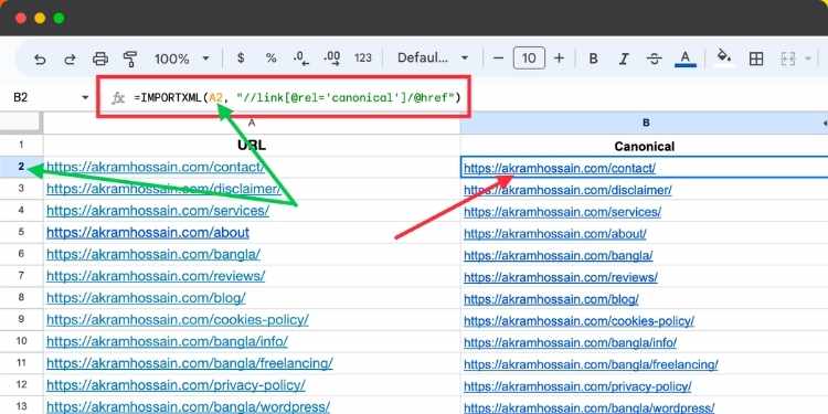 Extract Canonical Tag Using Google Sheets By Formula by Akram Hossain