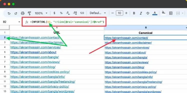 Extract Canonical Tag Using Google Sheets By Formula by Akram Hossain