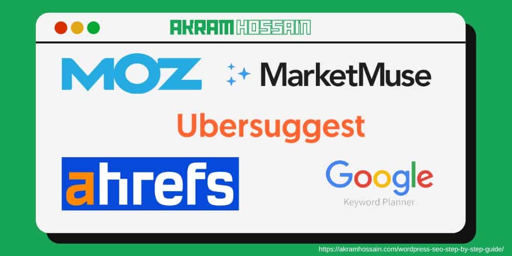 Keyword Research Tools Logo, Moz, Marketmuse, Ubersuggest, Ahrefs, and Google Keyword Planner Recommendation