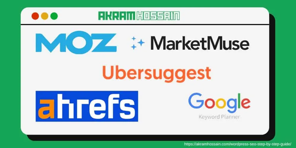 Keyword Research Tools Logo, Moz, Marketmuse, Ubersuggest, Ahrefs, and Google Keyword Planner Recommendation