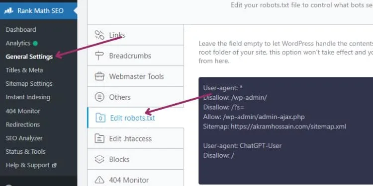 Rank Math Robots.txt editor setting