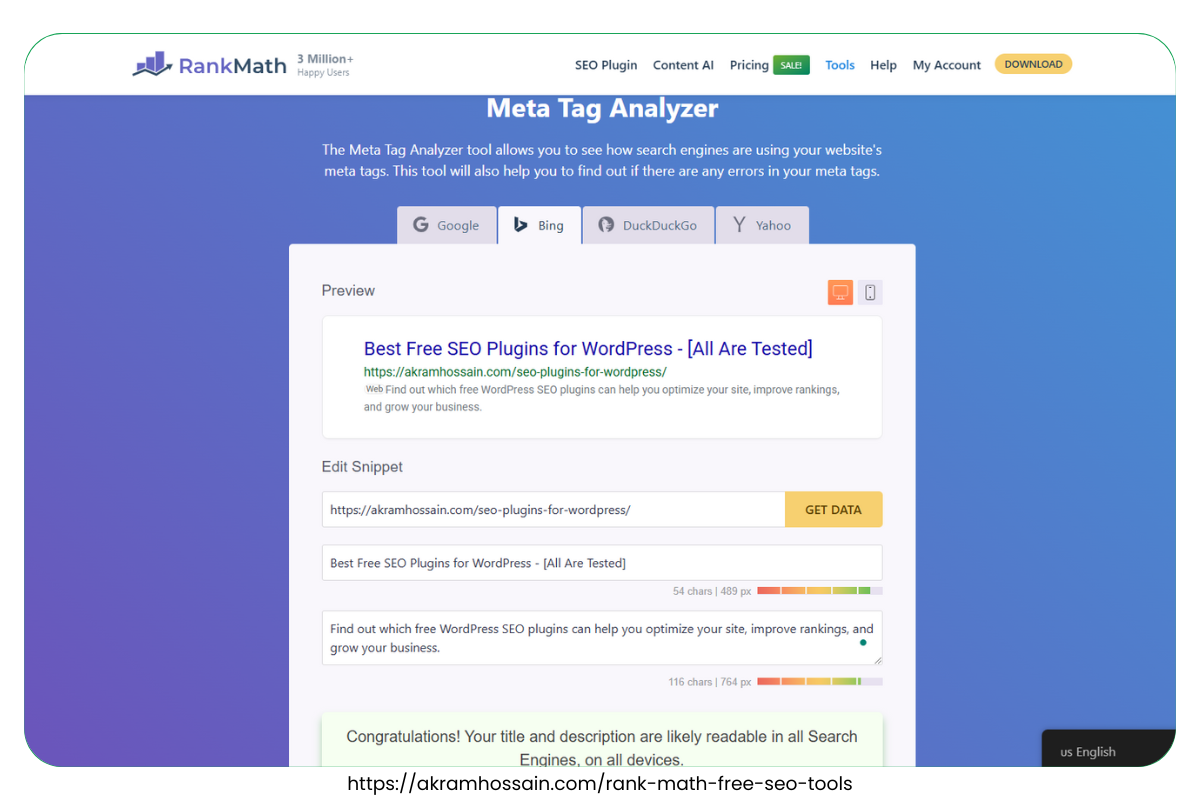 Rank Math SEO Plugin - Bing Meta Tag Analyzer
