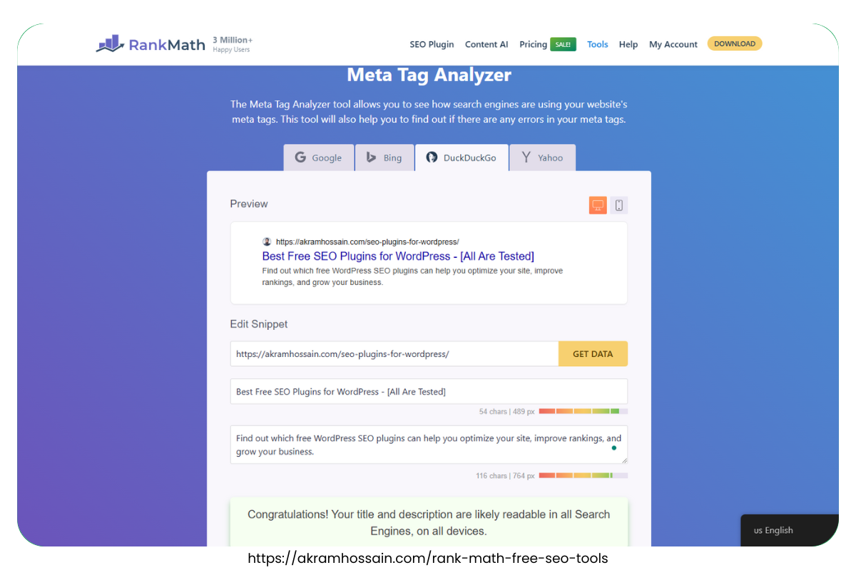 Rank Math SEO Plugin - DuckDuckGo Meta Tag Analyzer