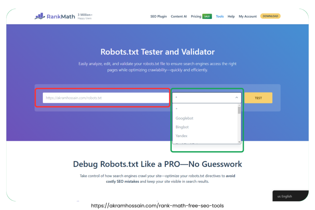 Rank Math SEO Plugin Free Robots txt File Tester with different types of bot