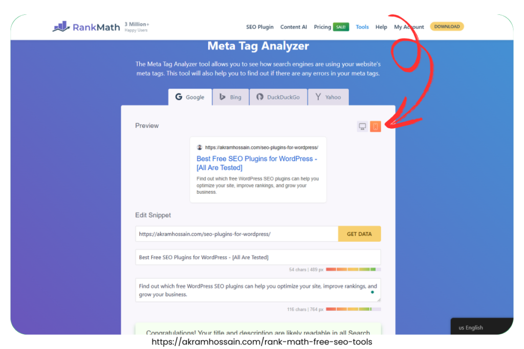 Rank Math SEO Plugin - Google Mobile View Meta Tag Analyzer