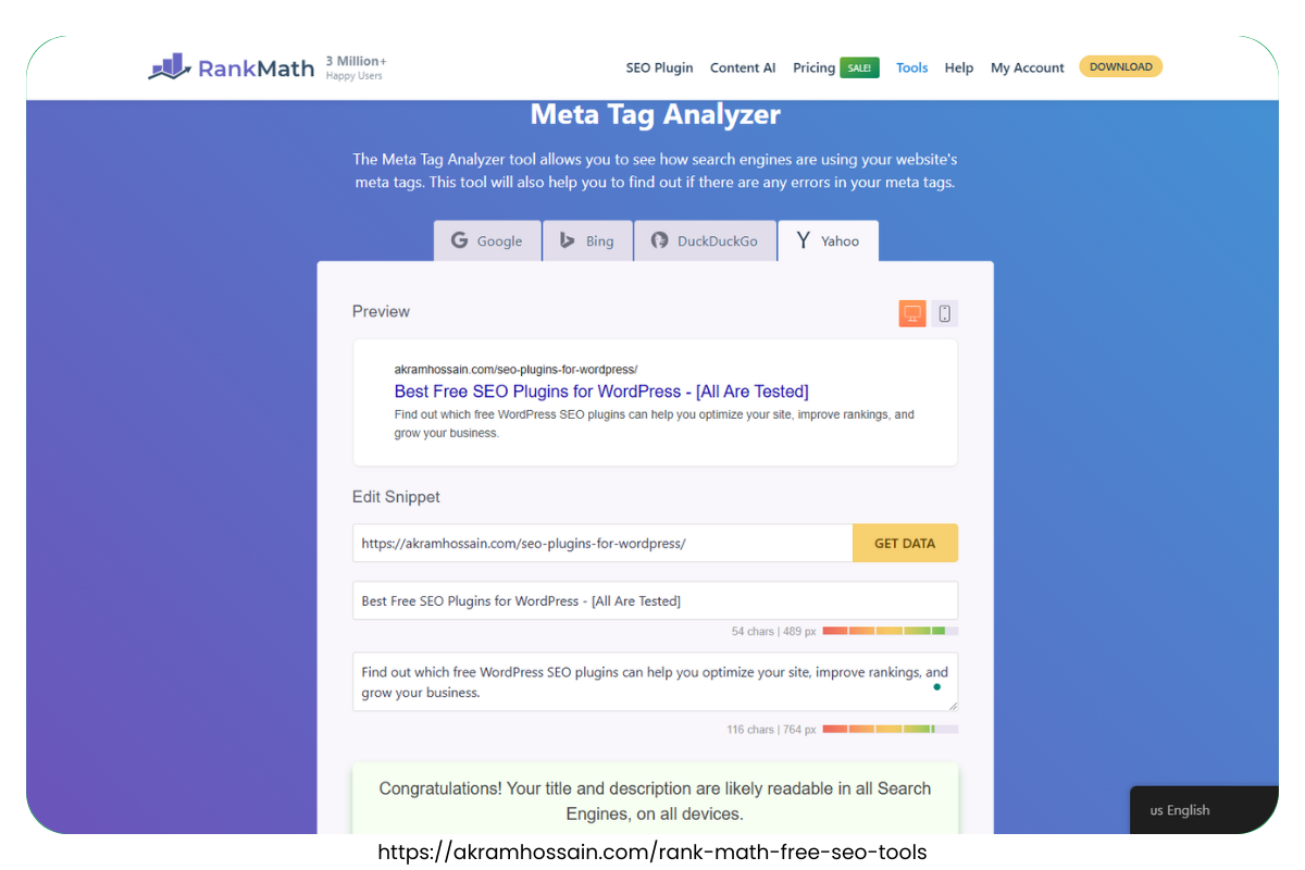 Rank Math SEO Plugin - Yahoo Meta Tag Analyzer