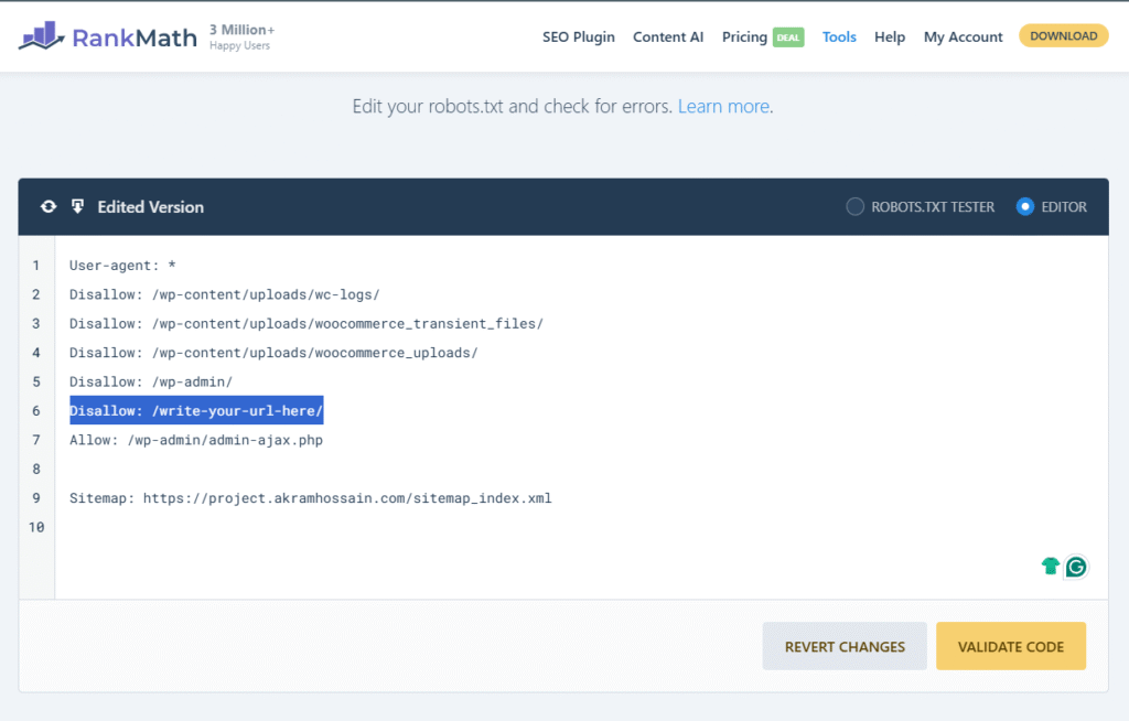 Rank Math Robots.txt File Editor