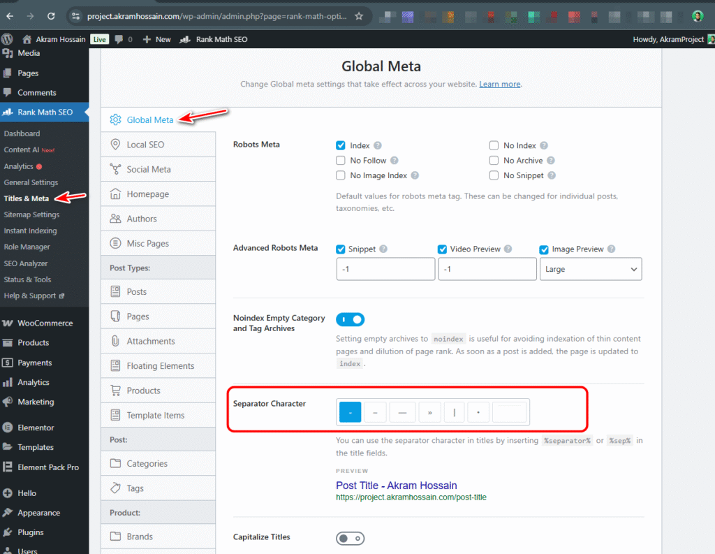 Title Separator Character Setting in Rank Math