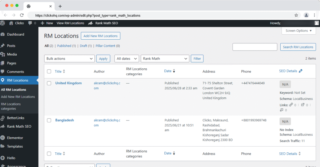 RM Location- Multiple Location Schema Setting using rank math