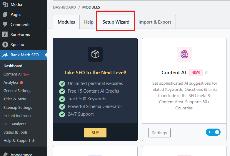 Access to Rank Math Setup Wizard