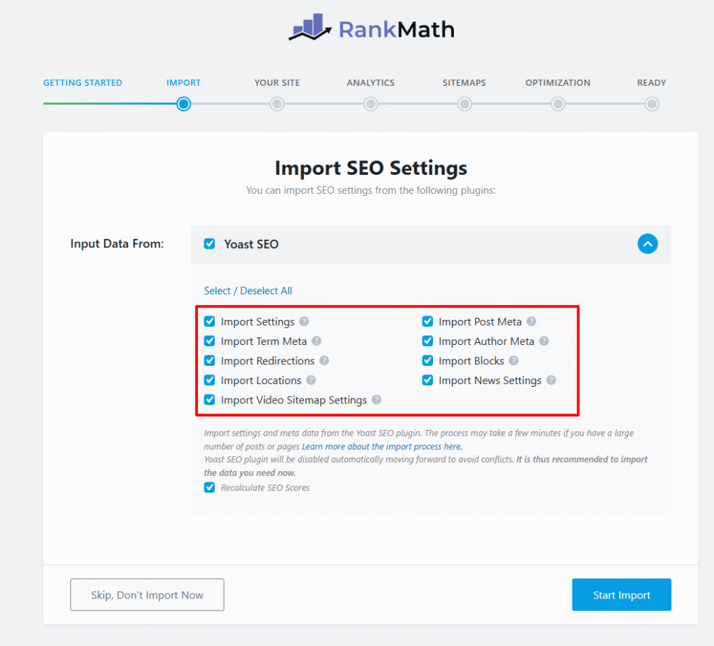 Import using Setup Wizard from Yoast SEO to Rank Math