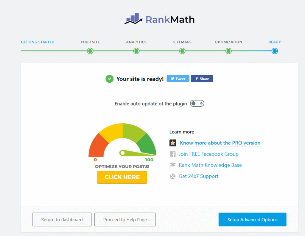 Rank Math Wizard Setup is completed
