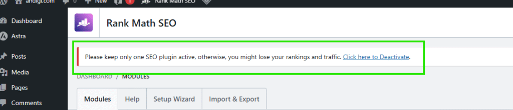 Uninstalled Conflicted Plugin for Rank Math