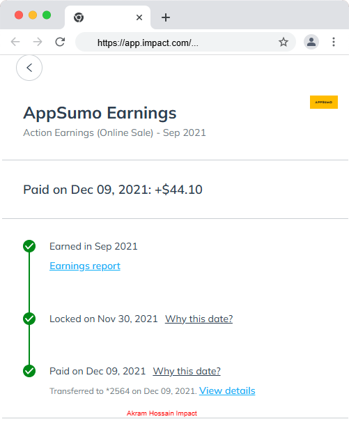 Appsumo First Payment Screenshot from Impact radius website