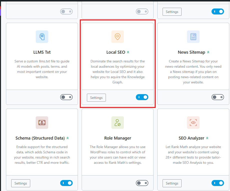 Rank Math Local SEO Module From the WP Dashboard
