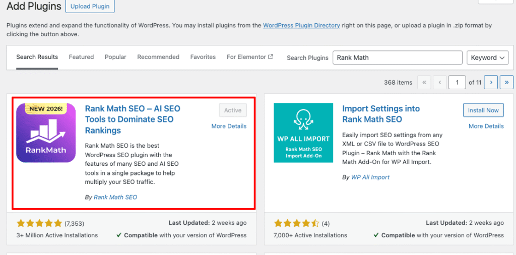 Rank Math installation on WordPress Rank Math installation on WordPress