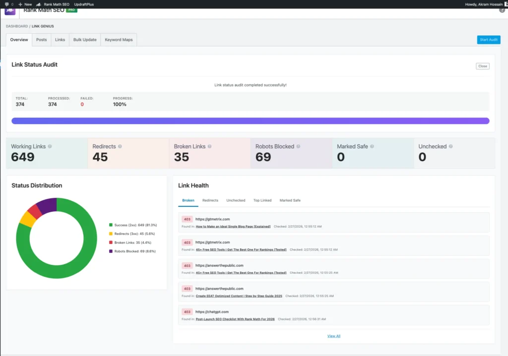 Rank Math AI Link Genius Dashboard Link Status Audit Rank Math AI Link Genius Dashboard Link Status Audit